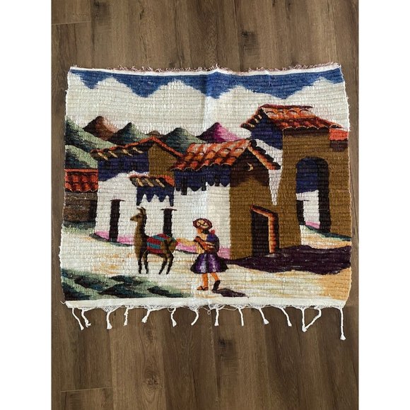 Peruvian Tapestry Vintage Wool Hand Woven Donkey Girl Village Scene  37" W 31" L - Picture 1 of 12